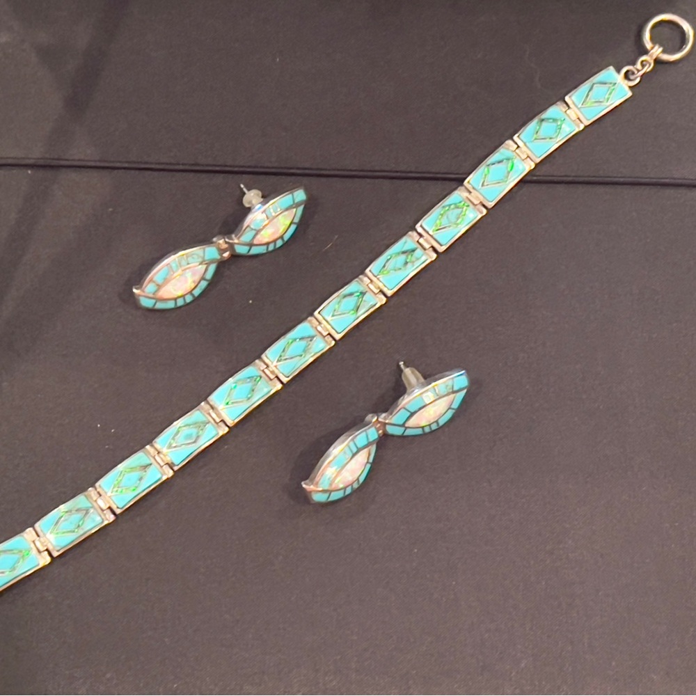 Navajo Turquoise & Blue Opal Inlay Bracelet and Earrings Set